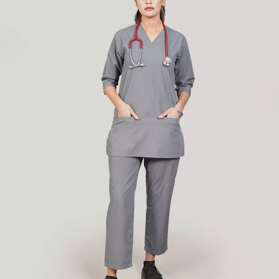 Person wearing gray medical scrubs with a stethoscope.