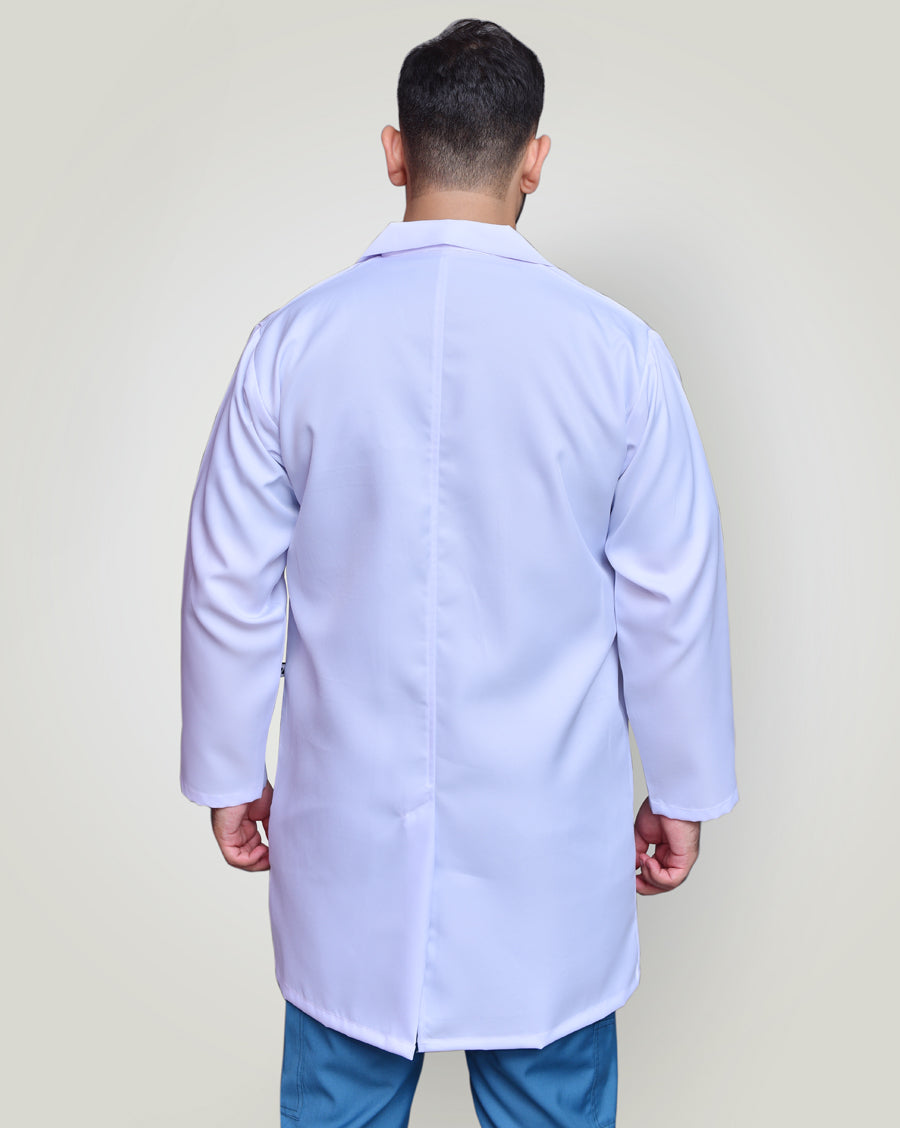 male doctor showing the back sight of lab coat