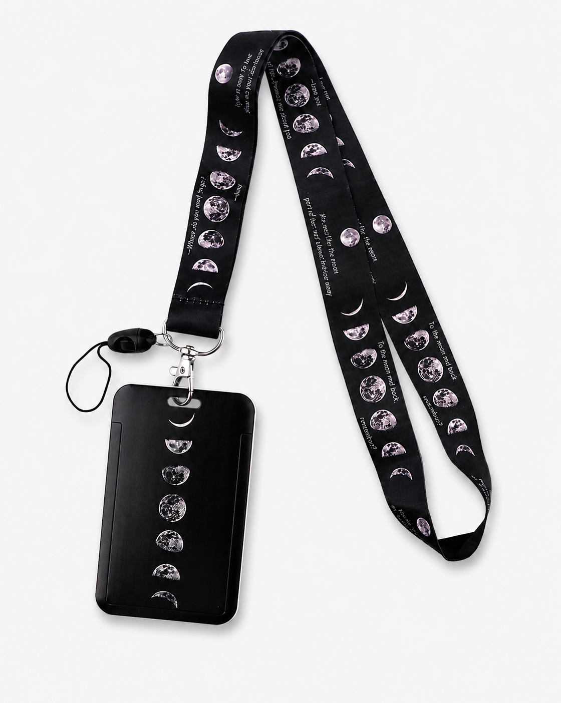 Sleek black neck lanyard with a celestial moon phases pattern and matching ID card holder by MedFit.