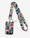 Fun Bone Buddies neck lanyard and matching ID badge holder featuring a colorful pattern of skeletons with pet cats and dogs, by MedFit.