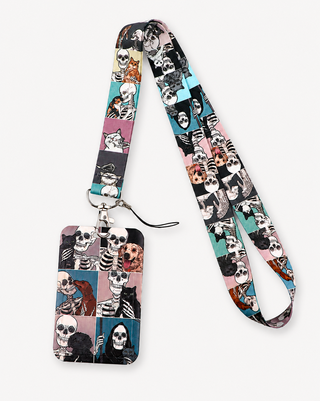 Fun Bone Buddies neck lanyard and matching ID badge holder featuring a colorful pattern of skeletons with pet cats and dogs, by MedFit.