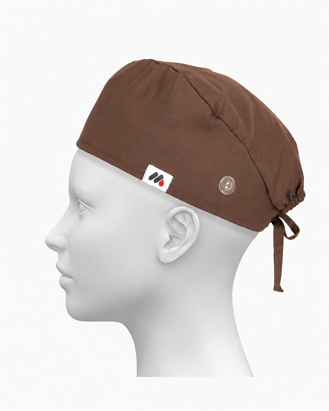 A brown surgical scrub cap with side buttons for face masks worn on a white mannequin head against a neutral gray background.