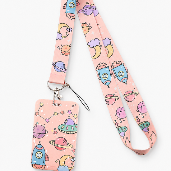Playful pink space-themed cartoon lanyard with matching ID badge holder for nurses, by MedFit.