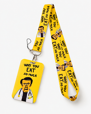 Funny yellow neck lanyard and matching ID badge holder featuring a Dr. Now cartoon illustration and 'Why You Eat So Much' text, by MedFit.