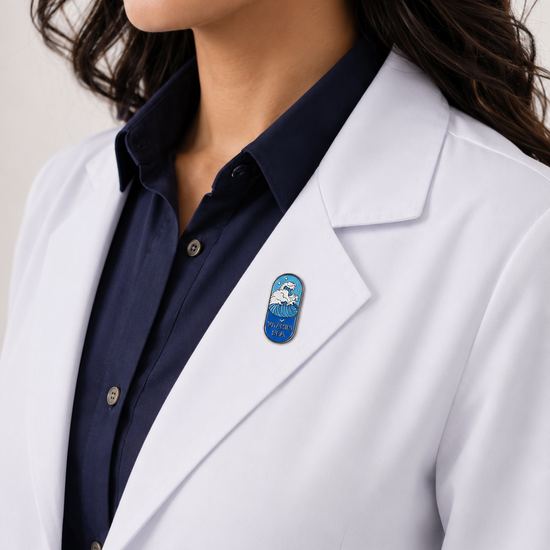 A close-up of a female healthcare professional wearing a white lab coat over a dark blue collared shirt with a blue and white capsule-shaped enamel lapel pin against a plain background.