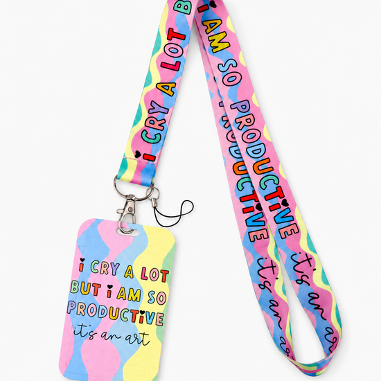 Quirky colorful pastel lanyard and ID card holder featuring a funny workplace productivity quote, by MedFit.