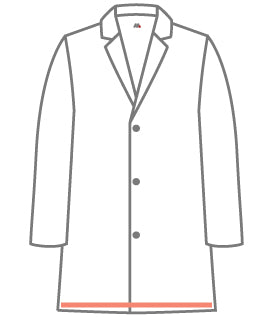 An outline of a white lab coat showing the bottom hem length with a highlighted red line, used as a professional sizing guide for MedFit lab coats.