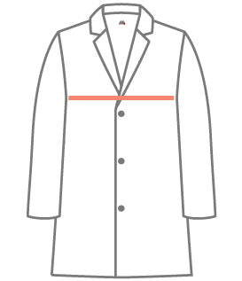 An outline of a white lab coat illustrating the chest width measurement with a horizontal red line, used as a professional sizing guide for MedFit lab coats.