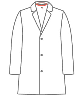 An outline of a white lab coat focusing on the collar area, used as a professional sizing guide for MedFit lab coats.