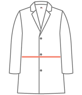 An outline of a white lab coat indicating the mid-section measurement with a horizontal red line, serving as a sizing reference for MedFit lab coats.