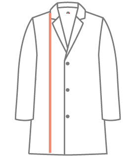 An outline of a white lab coat showing the overall length with a vertical red line, used as a professional sizing guide for MedFit lab coats.