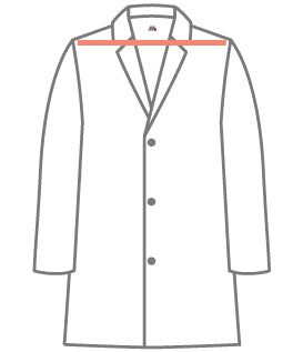 An outline of a white lab coat illustrating the shoulder width measurement with a horizontal red line, used as a professional sizing guide for MedFit lab coats.