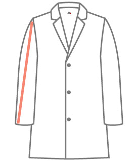 An outline of a white lab coat indicating the sleeve length measurement with a highlighted red line, designed as a measurement guide for MedFit lab coats.