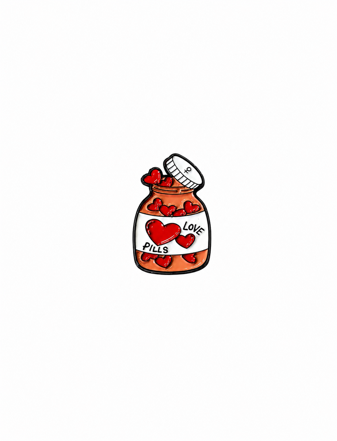 An orange medicine bottle enamel lapel pin filled with heart shapes and labeled "LOVE PILLS" against a white background.