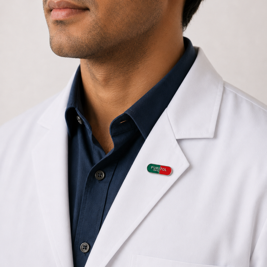A close-up of a male healthcare professional wearing a white lab coat over a dark blue collared shirt with a red and green capsule-shaped enamel lapel pin against a plain background.