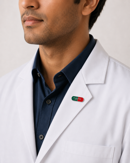 A close-up of a male healthcare professional wearing a white lab coat over a dark blue collared shirt with a red and green capsule-shaped enamel lapel pin against a plain background.