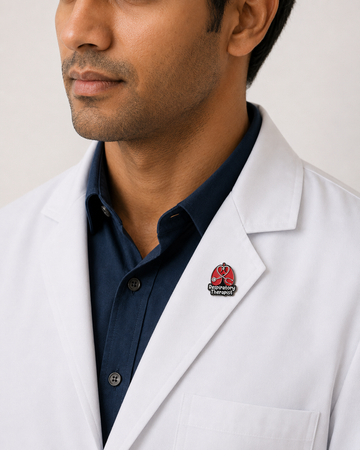A close-up of a male healthcare professional wearing a white lab coat over a dark blue collared shirt with a respiratory therapist enamel lapel pin against a plain background.