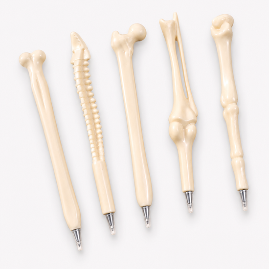 A collection of five MedFit novelty bone-shaped ballpoint pens featuring realistic anatomical designs arranged on a white background.