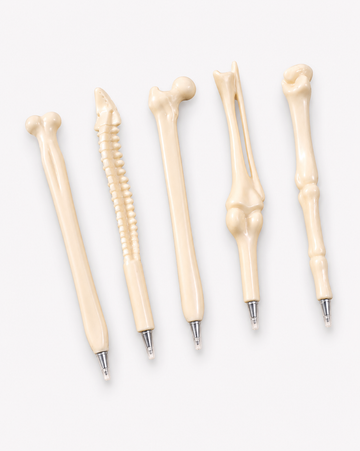 A collection of five MedFit novelty bone-shaped ballpoint pens featuring realistic anatomical designs arranged on a white background.