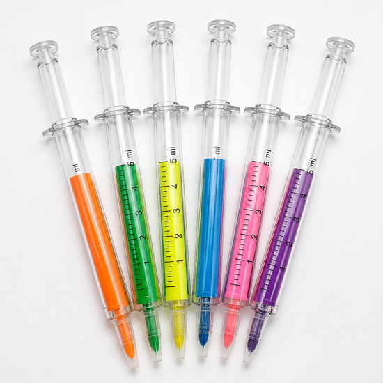 MedFit novelty syringe-shaped neon highlighter pens for nurses and medical professionals.