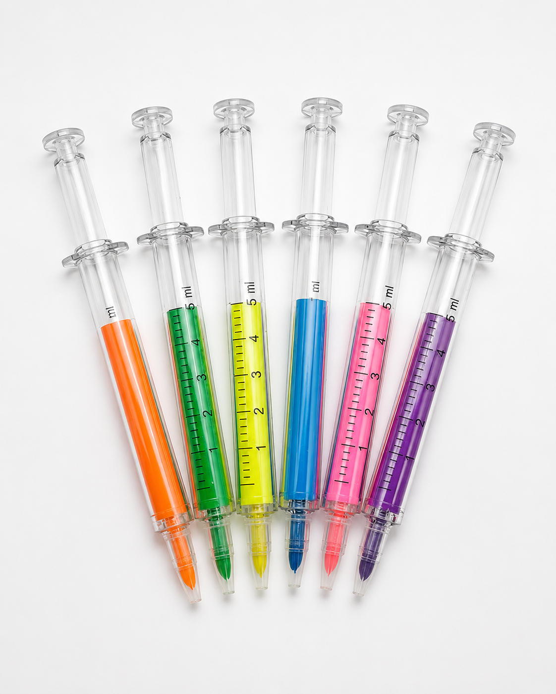 MedFit novelty syringe-shaped neon highlighter pens for nurses and medical professionals.