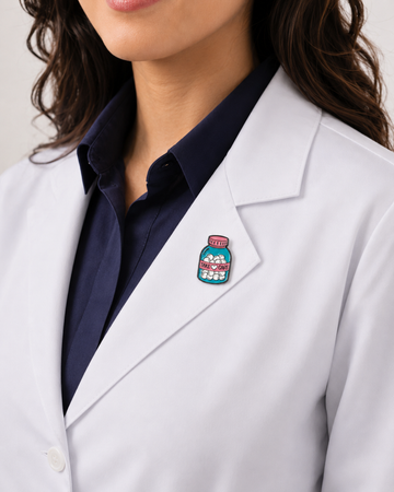 A healthcare professional wearing a crisp white lab coat styled with a unique, colorful pill bottle enamel pin on the lapel.