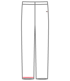 An outline of medical scrub pants illustrating the hem length measurement with a horizontal red line, used as a professional sizing guide for MedFit healthcare apparel.