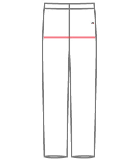 An outline of medical scrub pants illustrating the hip measurement with a horizontal red line, used as a professional sizing guide for MedFit healthcare apparel.