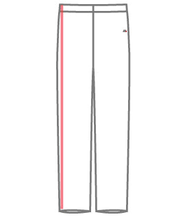 An outline of medical scrub pants illustrating the overall length measurement with a vertical red line, used as a professional sizing guide for MedFit healthcare apparel.