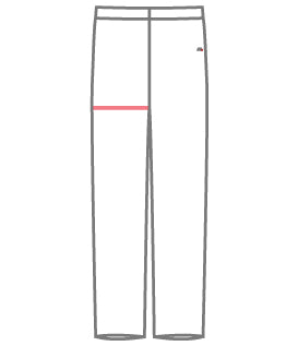 An outline of medical scrub pants illustrating the thigh measurement with a horizontal red line, used as a professional sizing guide for MedFit healthcare apparel.