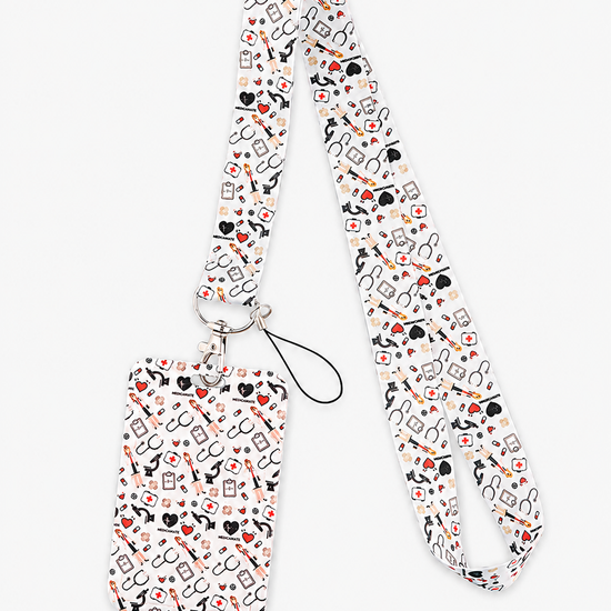 White medical theme neck lanyard and matching ID card holder featuring doctor life symbols like stethoscopes and hearts, by MedFit.
