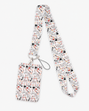 White medical theme neck lanyard and matching ID card holder featuring doctor life symbols like stethoscopes and hearts, by MedFit.