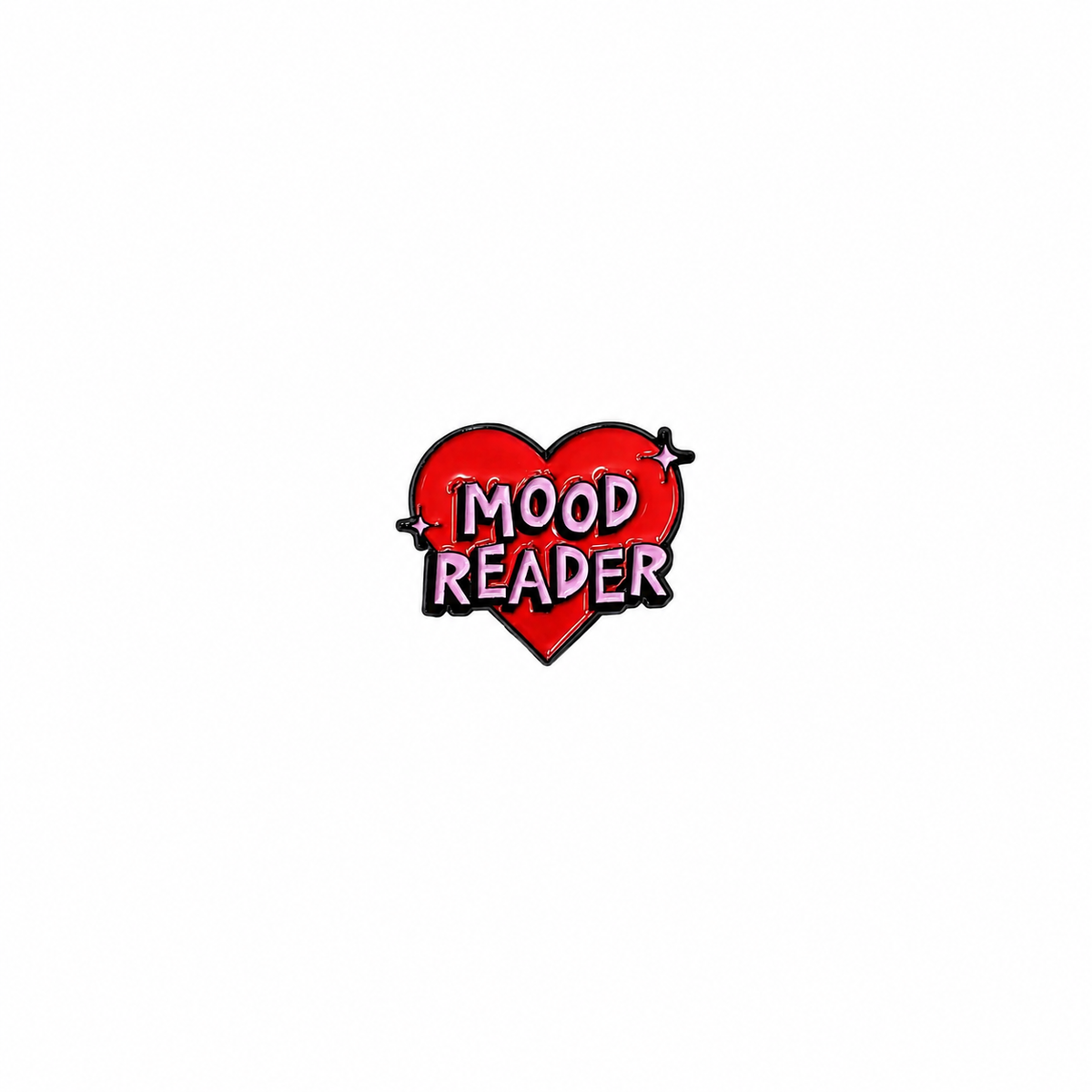 A red heart-shaped enamel lapel pin featuring the text "MOOD READER" in bold pink lettering against a white background.
