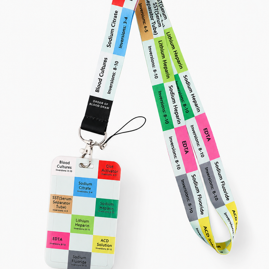 Colorful phlebotomy lab guide lanyard and matching ID badge holder showing blood collection tube order of draw, by MedFit.