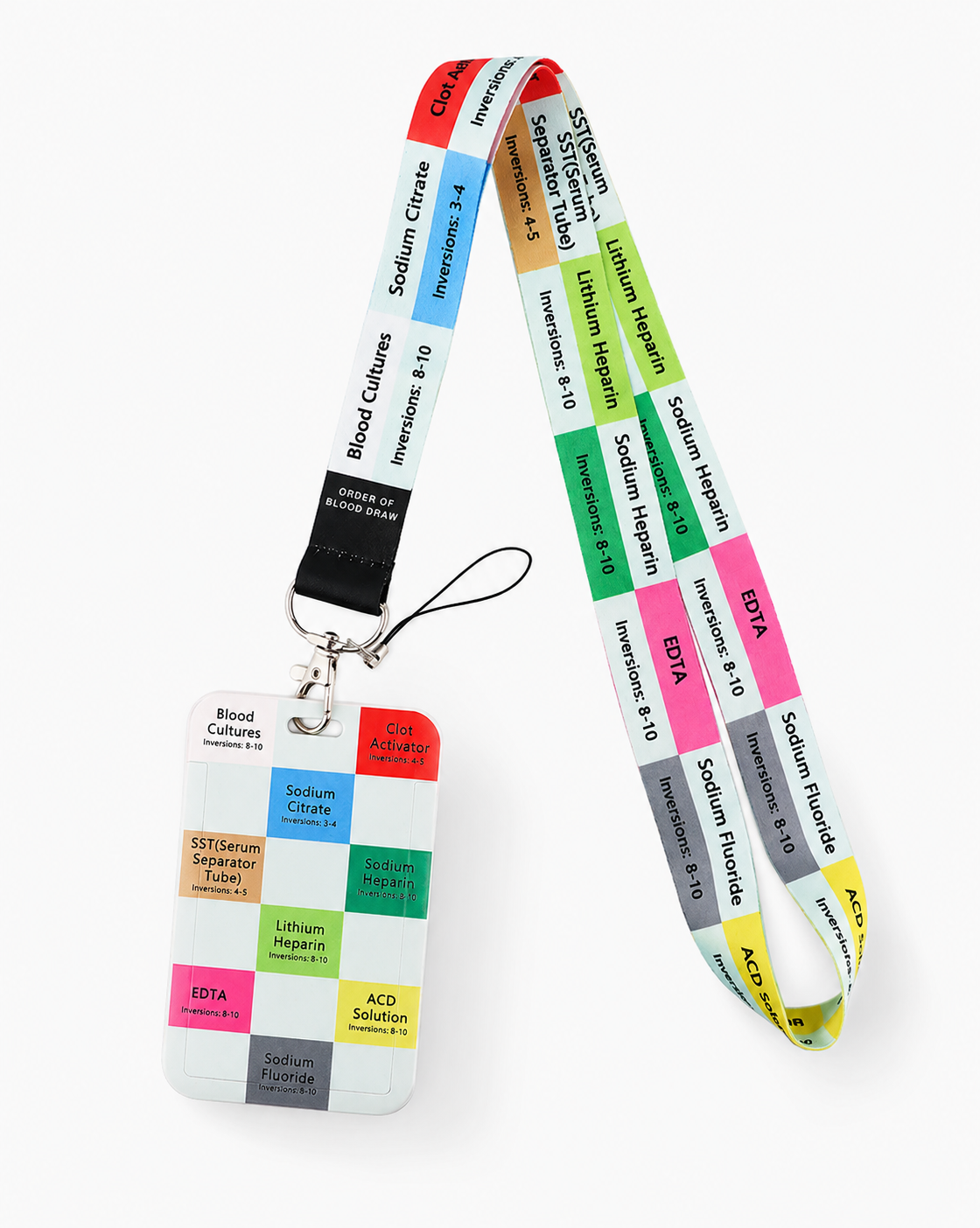 Colorful phlebotomy lab guide lanyard and matching ID badge holder showing blood collection tube order of draw, by MedFit.