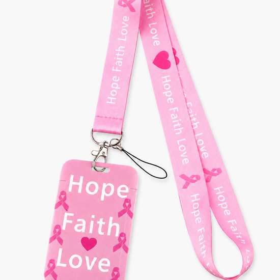 Pink breast cancer awareness neck lanyard with 'Hope Faith Love' text and matching ID badge holder by MedFit.