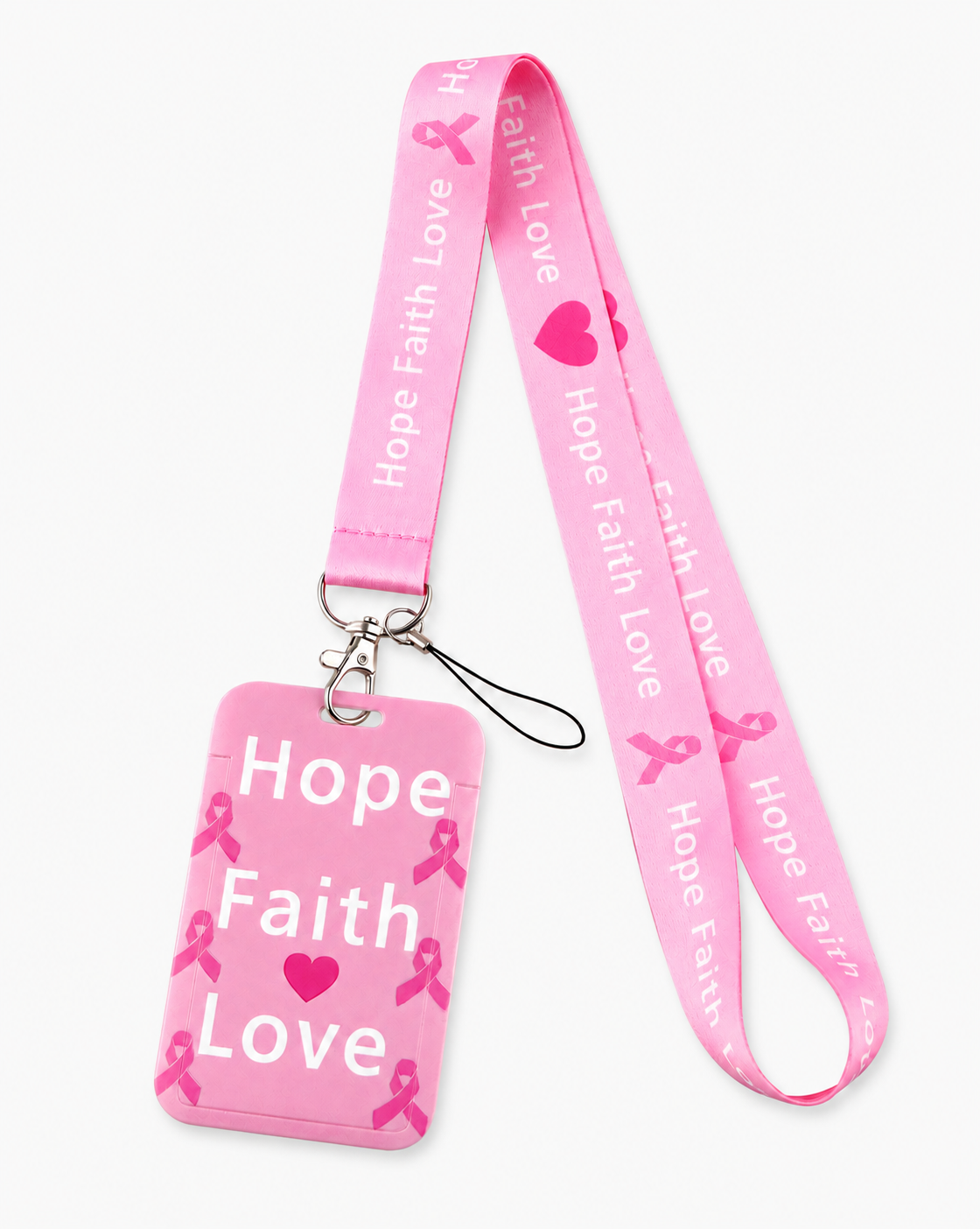 Pink breast cancer awareness neck lanyard with 'Hope Faith Love' text and matching ID badge holder by MedFit.