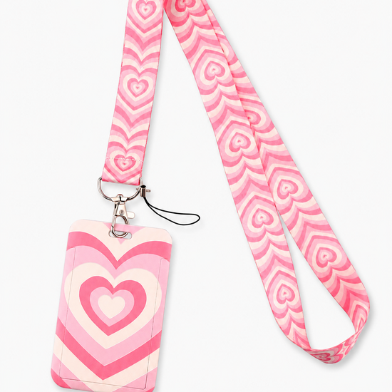 Pink and white layered heart patterned neck lanyard with a matching ID badge holder by MedFit.