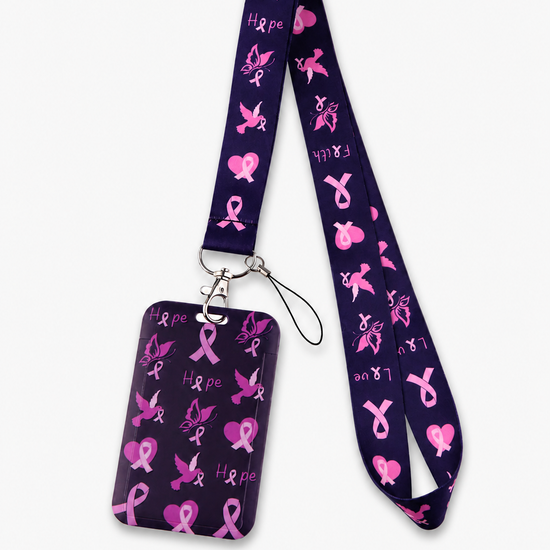 Inspiring deep purple cancer awareness lanyard with pink hope ribbons and butterflies, plus matching ID holder by MedFit.