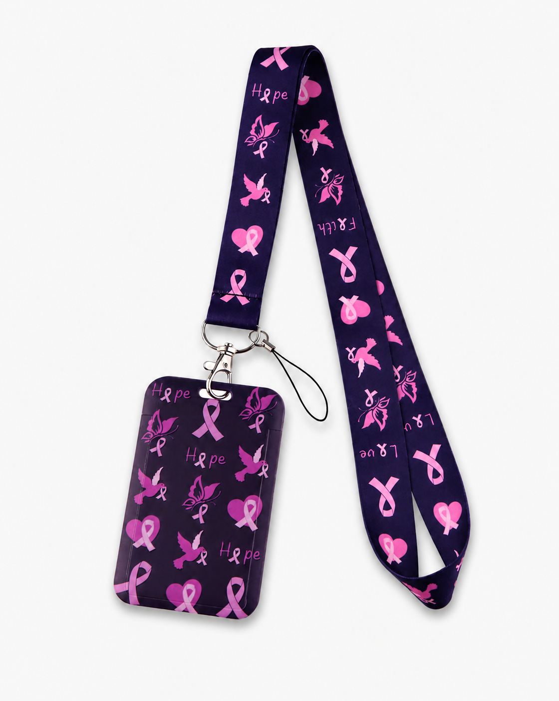 Inspiring deep purple cancer awareness lanyard with pink hope ribbons and butterflies, plus matching ID holder by MedFit.