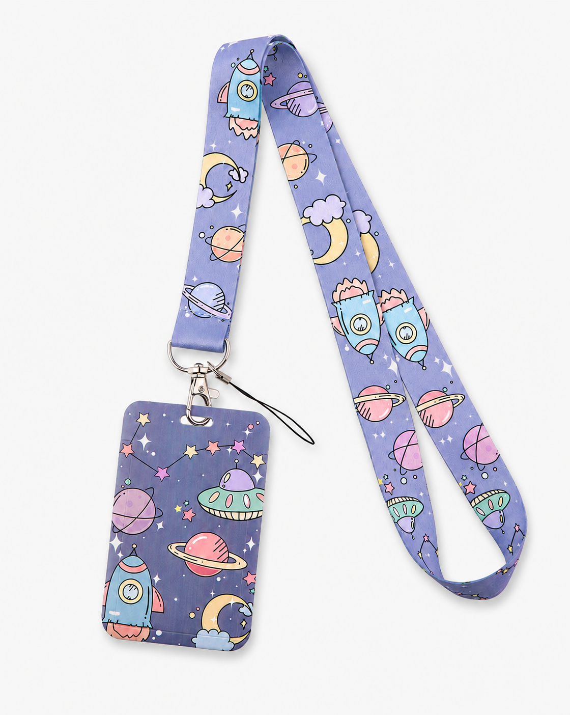 Charming lavender neck lanyard with a cartoon cosmic space and UFO pattern, complete with matching ID holder by MedFit.