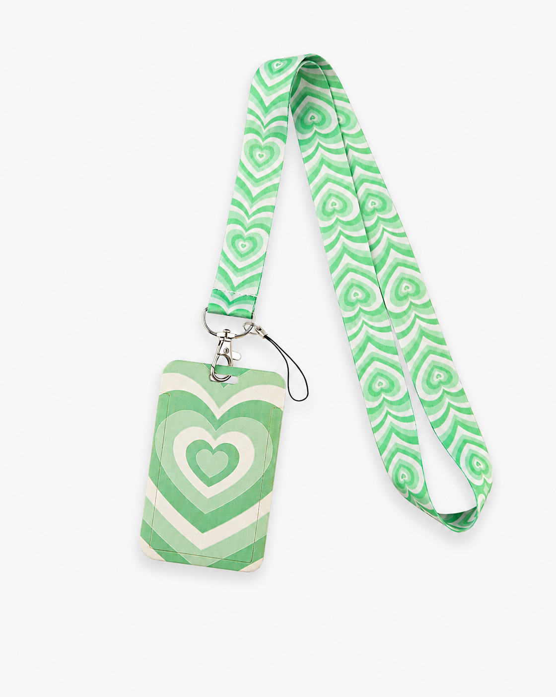 Aesthetic retro green and white layered heart print neck lanyard featuring a matching ID badge holder from MedFit.