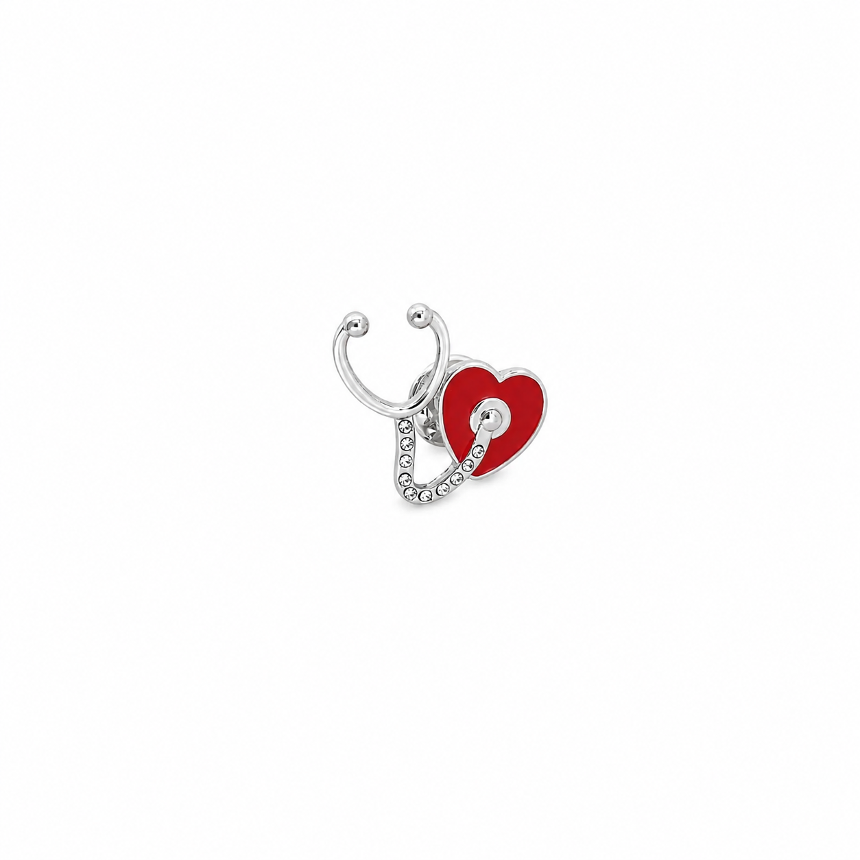 A silver and red stethoscope heart-shaped keychain, perfect as a medical professional gift or accessory, displayed on a white background.