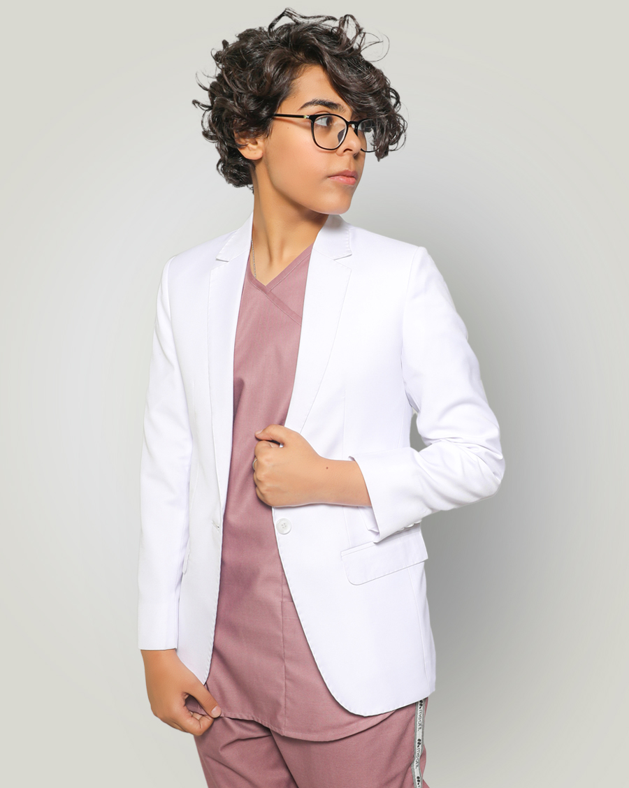 woman wear scrub in pink color and wear executive coat in white color