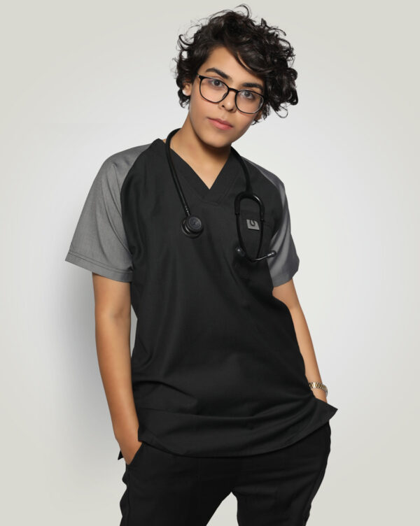 girl wear black and gray color doctor scrub