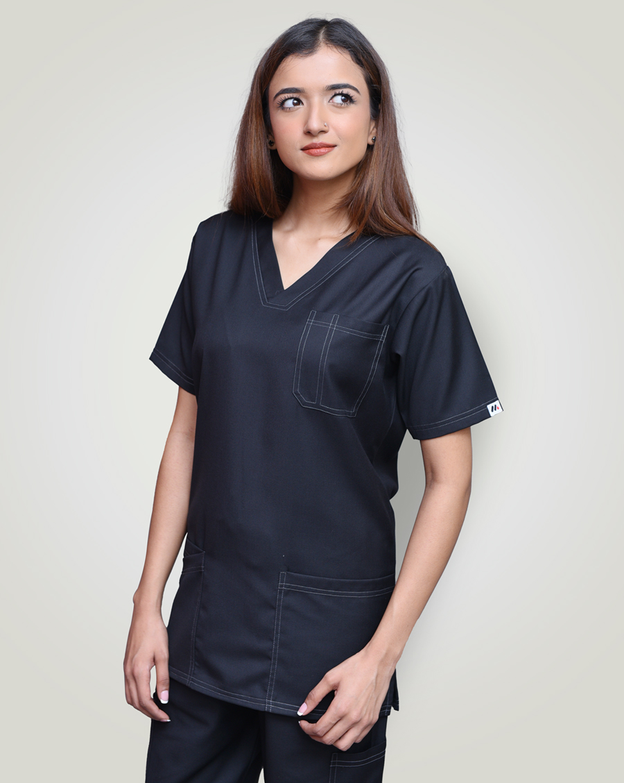 female doctor wearing simple doable stitch scrub in black color